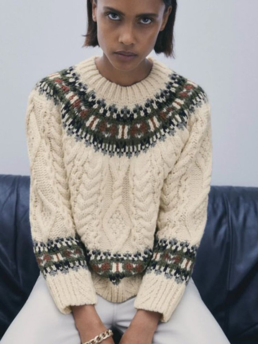 ZARA Cream Fair Isle Chunky Heavy Knit Crewneck Sweater Cream Green Brown S
